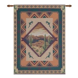Southwestern Desert Pueblo Woven Tapestry Throw Blanket Lizard Cactus Teal 47x64